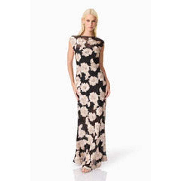 Elliatt Margaux Fit & Flare Gown in Black & Gold Floral Size XL - Picture 3 of 11